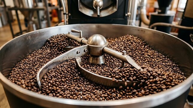 Freshly Roasted Coffee Beans in Industrial Roaster Drum with Metal Agitator