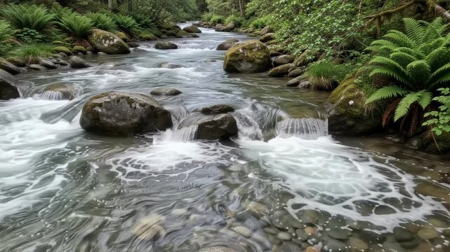A serene mountain stream flowing through a lush green temperate rainforest.