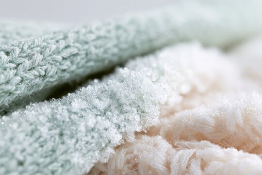 Textures of winter fabrics with frost in close-up view