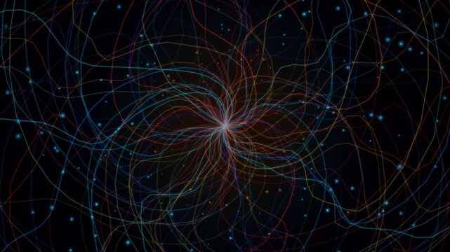 Abstract digital illustration of colorful intersecting lines creating a cosmic energy vortex in space