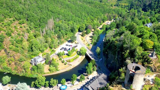 September 10, 2026 - Aerial Drone View of Esch-sur-S&ucirc;re, Luxembourg, Flying Over the Medieval Castle Ruins and S&ucirc;re River in a Lush Green Valley