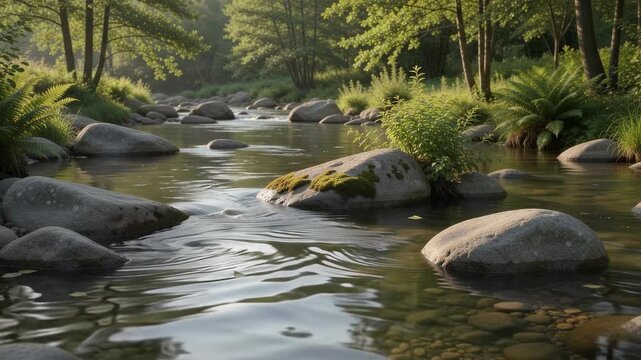 Serene forest stream flowing gently over mossy rocks in a peaceful natural woodland landscape.