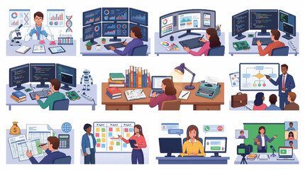 Fototapeta premium Modern professional workspace illustrations, set of 11 business and technology scenes, diverse office workers and creative professionals