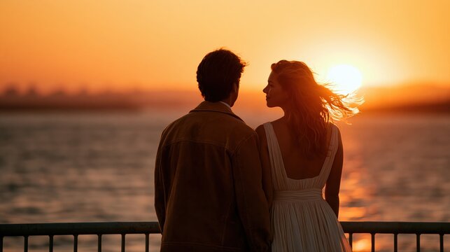 romantic couple at sunset by the water