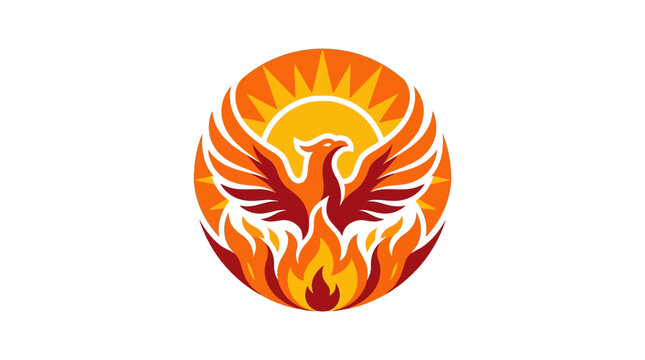 Phoenix bird rising from fire flame within circular sun logo
