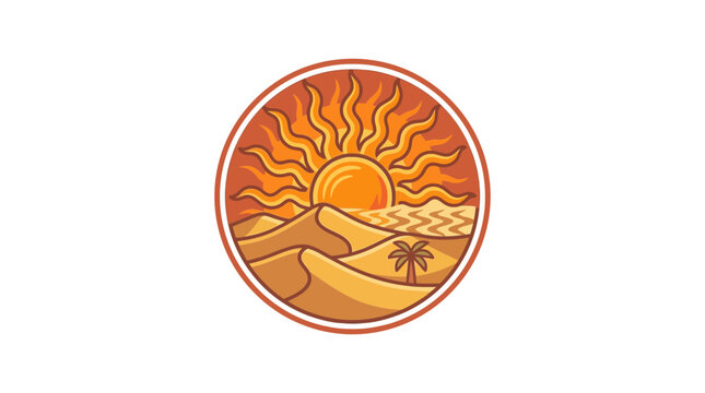 Desert landscape with sun and sand dunes in circular emblem