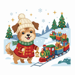 Fototapeta premium Cute christmas dog mascot wearing winter hat and scarf near toy train in snow