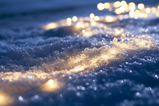 Winter snow with glowing lights at night showing soft textures of snow and bright reflections