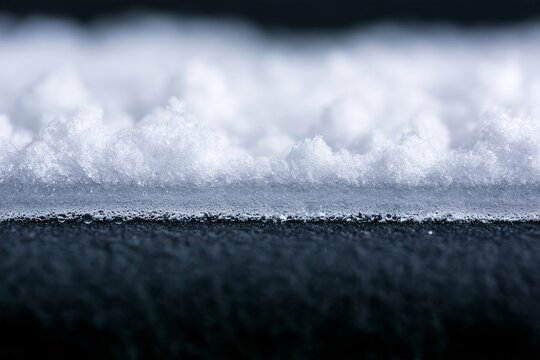 Snow and ice form a layer on a dark surface during winter weather