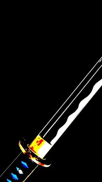 Hand-drawn digital illustration of a sharp Japanese katana sword blade with hilt and hamon pattern on a dark black background. Ideal for martial arts, anime, and gaming graphic projects.