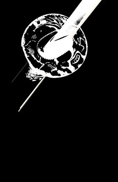 High contrast black and white hand drawn digital illustration of a Japanese katana sword tsuba handguard. Ideal for samurai, martial arts, anime, and gaming graphic designs.