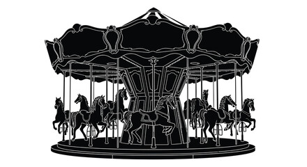 Elegant vintage carousel with horses in detailed black silhouette © Tuhin