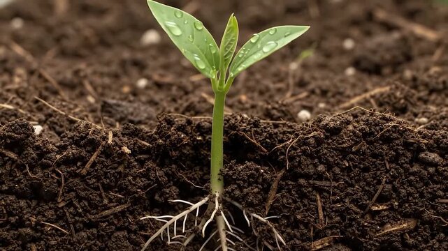 Side-view macro hyperlapse showing the growth process of a seed in fertile soil as it develops from beneath the soil into a small seedling, captured in a natural documentary style.