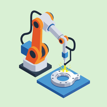 Professional Isometric of an Industrial Robot Arm Performing CNC Machining on a Metal Flange with high quality professional line art symbols for modern creative design and digital branding projects