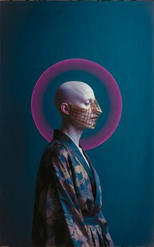 Retrato conceptual de persona calva con m&aacute;scara de celos&iacute;a dorada y halo rosa sobre fondo azul oscuro