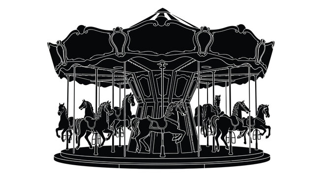 Elegant vintage carousel with horses in detailed black silhouette