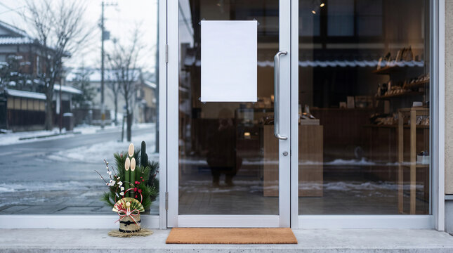 Japanese shop entrance with blank notice and kadomatsu decoration in quiet winter town
