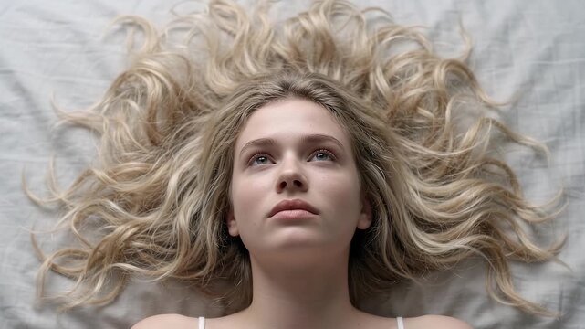 Young Blonde Woman staring aimlessly at the ceiling.