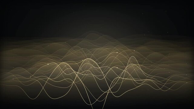 Futuristic abstract golden flowing lines of data on a black background depicting sonic wave frequencies