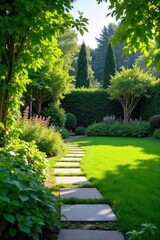 Obraz premium Tranquil backyard oasis featuring lush greenery, a stone pathway, and meticulously manicured lawn Perfect for relaxation and outdoor enjoyment , greenery, residential