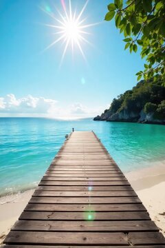 Tranquil scene of a dock extending into a calm beach, sun glistening on the water Perfect for summer, vacation, or travel themes , ocean, sky, tranquil