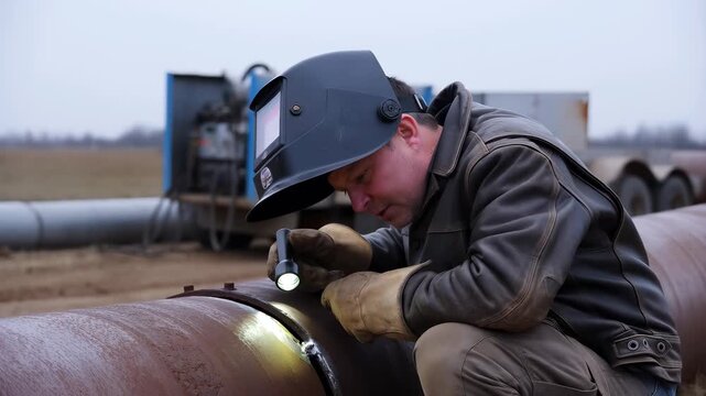 Pipeline welder crouches beside a large diameter pipe section, examining a completed root weld closely with a flashlight. Pipeline weld inspection