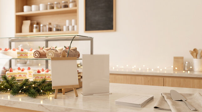 Blank easel card on patisserie counter with christmas cakes for preorder mockup