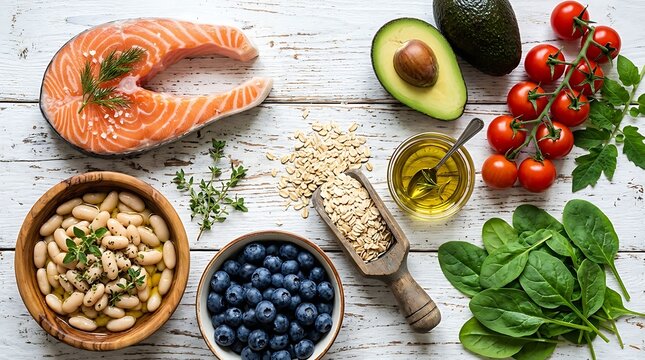 Healthy Food Ingredients Flat Lay: Salmon, Avocado, Berries, Beans, Oats, and Spinach