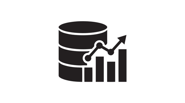 Black and white database storage icon with a rising financial growth chart graph server icon data storage bar chart web icon information technology data management information systems database