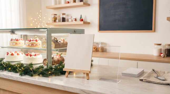 Christmas cake showcase with blank display card in japanese patisserie counter