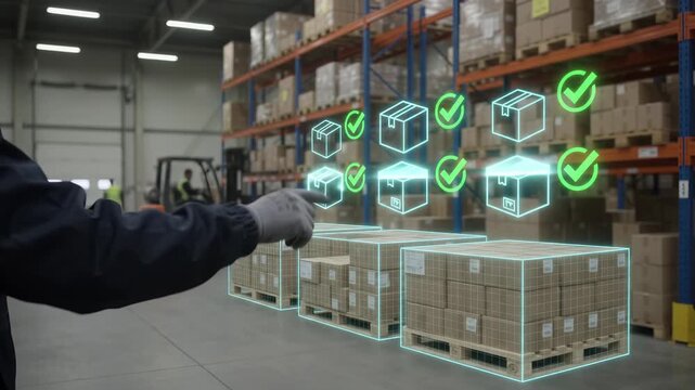 Logistic worker interacts with smart digital network above warehouse pallets, verifying cargo through automated tracking system with checkmarks confirming quality control and supply chain efficiency.
