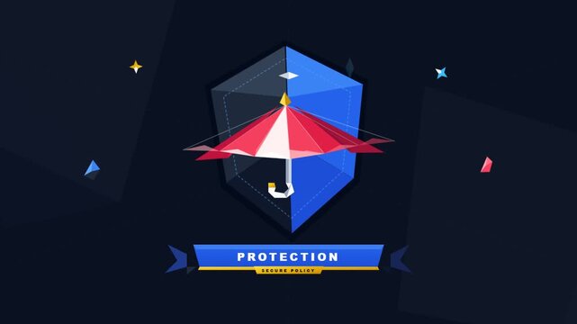 Red and white umbrella inside a blue shield symbol with text banner