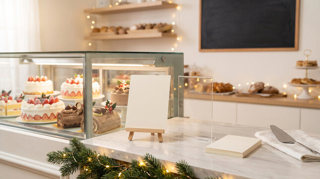 Blank counter card beside christmas cake display case in bakery with copy space