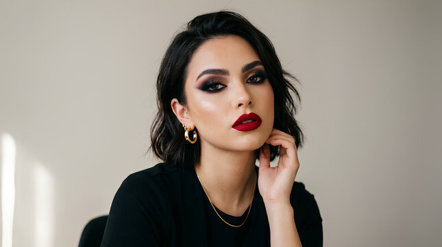 Portrait of a woman with smoky eye makeup and bold red lips