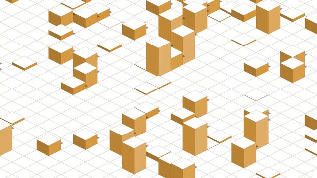 Abstract geometric golden cubes rising on white grid