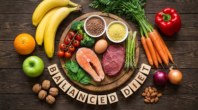 Healthy Balanced Diet Ingredients Flat Lay Photography with Protein, Fruits, Vegetables, and Grains