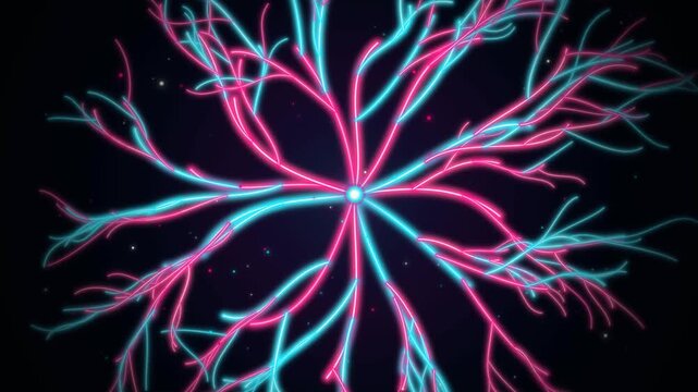 Glowing Neon Pink and Blue Neural Network Branches Representing Complex Human Brain Connectivity Patterns