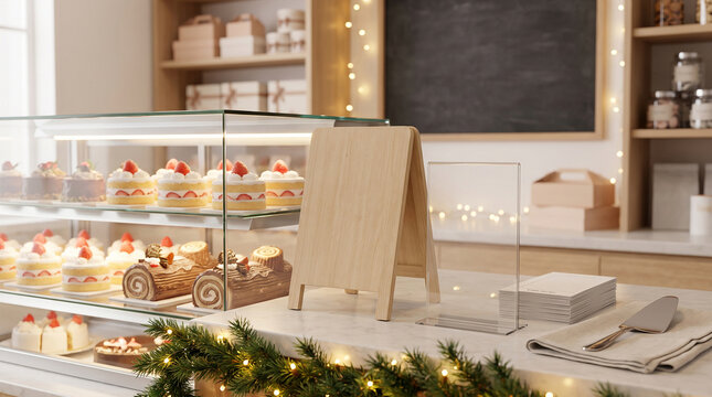 Blank wooden A frame sign on patisserie counter with christmas cakes and fairy lights