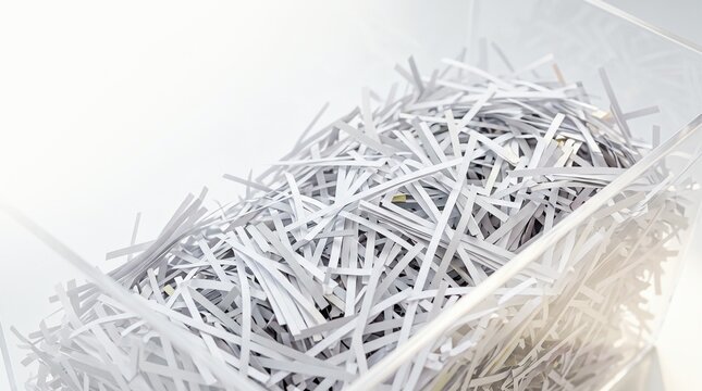 Cross-cut shredded paper and shredder waste accumulated in a transparent dustbin