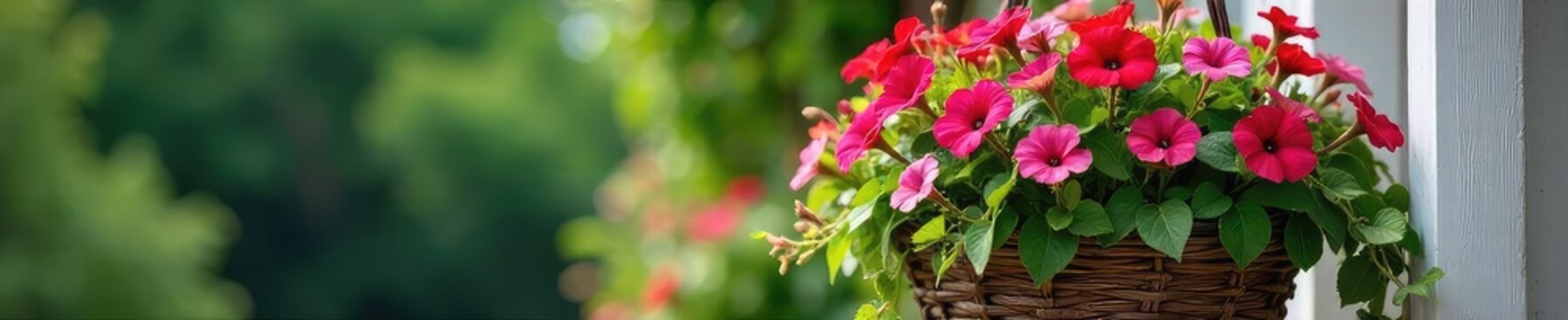 Vibrant petunias and trailing ivy spill from a rustic, woven hanging basket, creating a lush display of summer blooms perfect for porch or patio decor , petunias, window box