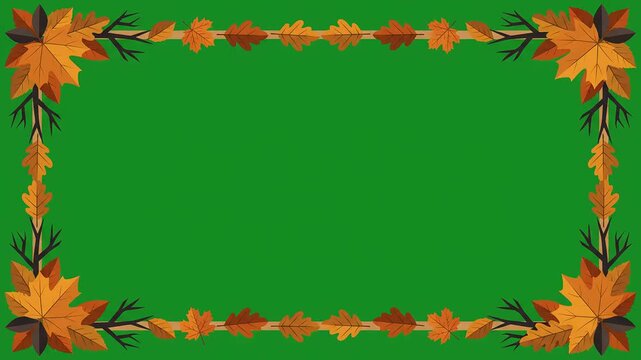 Autumn leaves border frame, green screen chromakey background, seasonal holiday video overlay, autumn foliage template for motion graphics, celebration banner design production