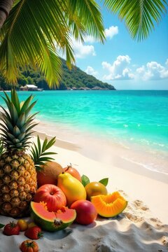 Vibrant tropical beach scene overflowing with exotic fruits; mangoes, pineapples, papayas, and coconuts scattered on the golden sand near turquoise water , coast, dessert, exotic