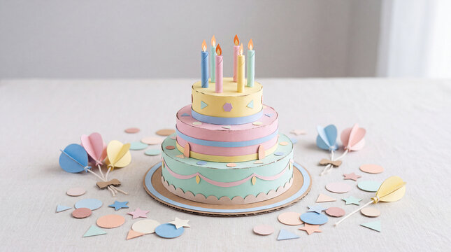 Colorful Birthday Cake with Candles and Confetti Celebration.