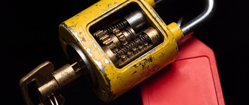 Industrial yellow padlock with internal gear mechanism visible through cutaway section and red security tag for safety lockout procedures