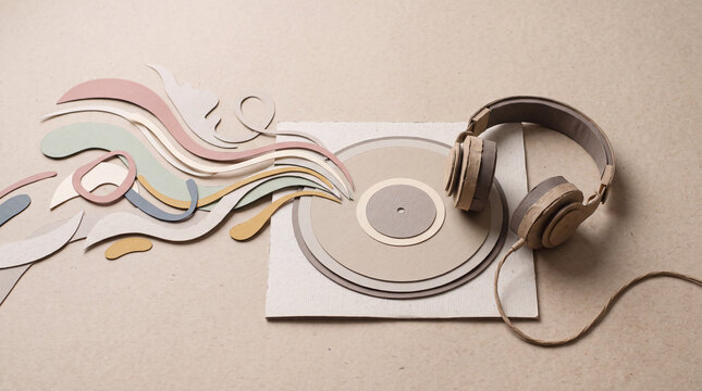 Vintage Headphones Resting on Vinyl Record.
