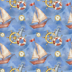 Marine theme with Sailboat and marine navigation equipment. Illustration lifebuoy and anchor and steering wheel against a blue sea. Hand-drawn watercolor seamless pattern for printing on fabric. © Mila