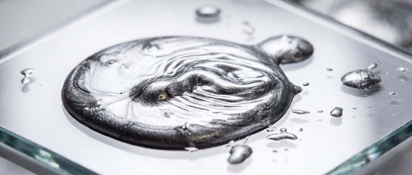 Liquid silver metallic puddle with flowing reflective chrome ripples on smooth glass surface for high end industrial material presentation