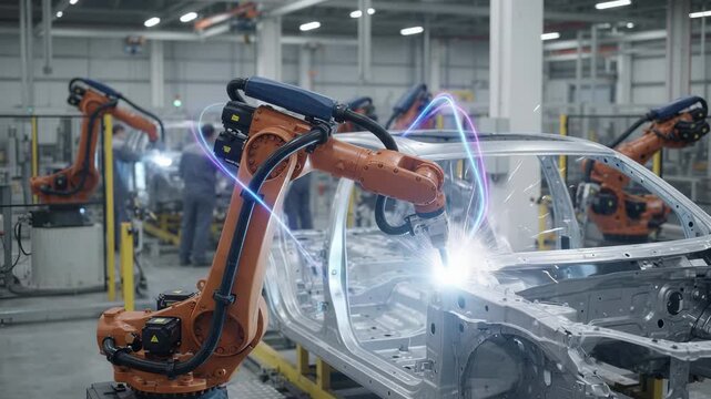 Automated robotic arm welding automotive chassis on smart factory assembly line, connected by digital network lines, representing innovation, precision engineering, and industrial automation