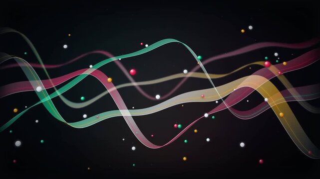 Abstract colorful flowing wavy lines with sparkling light particles on a dark black background vector art