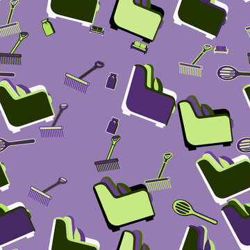 Seamless pattern of stylized furniture and cleaning tools